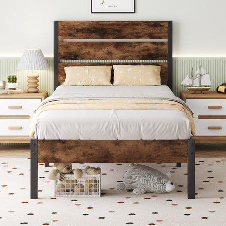 Lifezone Twin Bed Frame with Headboard and Footboard, Metal Twin Bed Frame with Under-Bed Storage, All-Metal Support System, No Box Spring Needed, Easily Assemble, Vintage Brown Lifezone