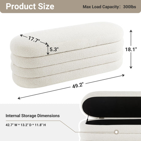 Busaurus Storage Ottoman Bench 49.2 Inch Upholstered Fabric Storage Bench for Bedroom End of Bed Aesthetic Large Oval Storage Ottoman for Living Room Entryway (Ivory) Busaurus