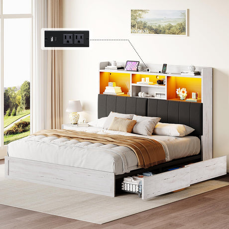 YUMPIE King Bed Frame with Bookcase Headboard, Farmhouse Upholstered Platform Bed with 4 Storage Drawers, LED Bed with Charging Station, Wood Slats Support, No Box Spring Needed, Distressed White YUMPIE