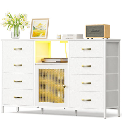 Dresser for Bedroom with Power Outlets and LED Lights, 8 Drawers TV Stand Dresser for 65 Inch TV, Large TV Console with Open Shelf, White Dresser Chests of Drawers, PU Leather