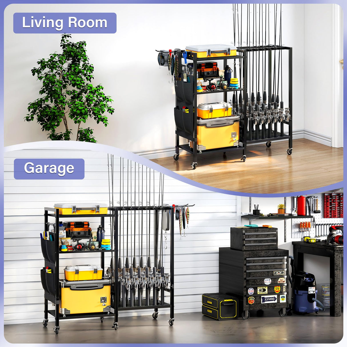 TC-HOMENY 16-Rod Fishing Rod Holder for Garage, Fishing Pole Rack Cart Fit All Fishing Rods, 3 Tier Fishing Tackle Storage Organizer Rack with Storage Bag, For Living Room TC-HOMENY