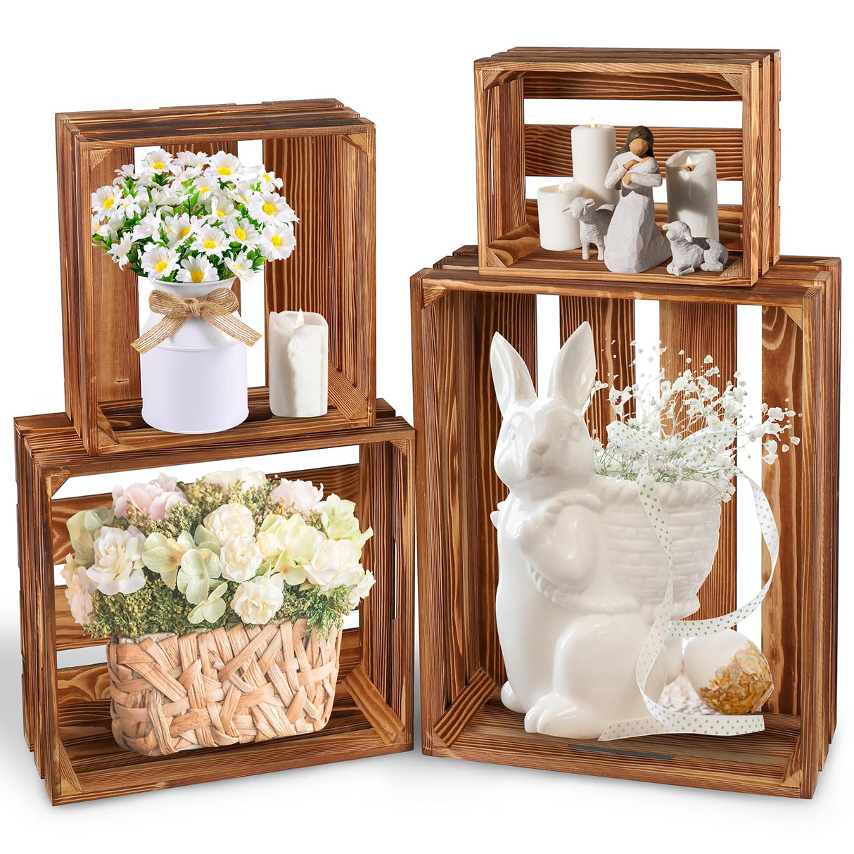 4 Pieces Decorative Wood Crates for Party Display, Large Rustic Farmhouse Wooden Nesting Storage Crates with Handles for Wedding Birthday Home Party Decoration Aweyka