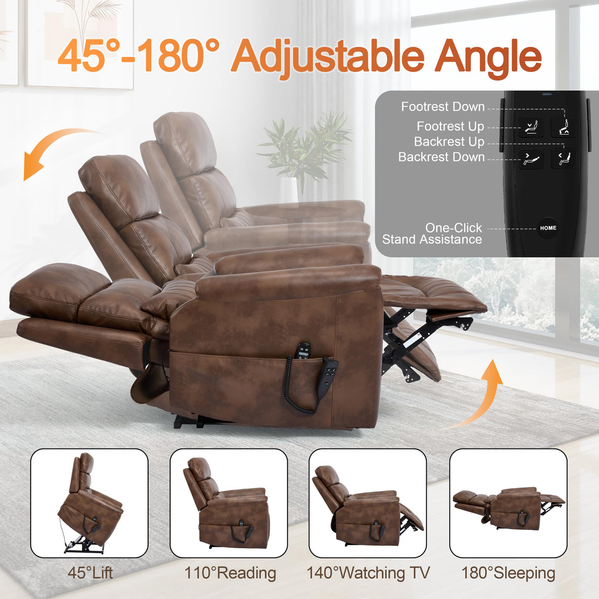 Power Lift Recliner Chair for Elderly People, Dual Motor Lay Flat Recliner with Vibration Massage and Heat, Heavy Duty Motion Mechanism Standing Assistance Reclining Chair, Faux Leather Brown Luxlen