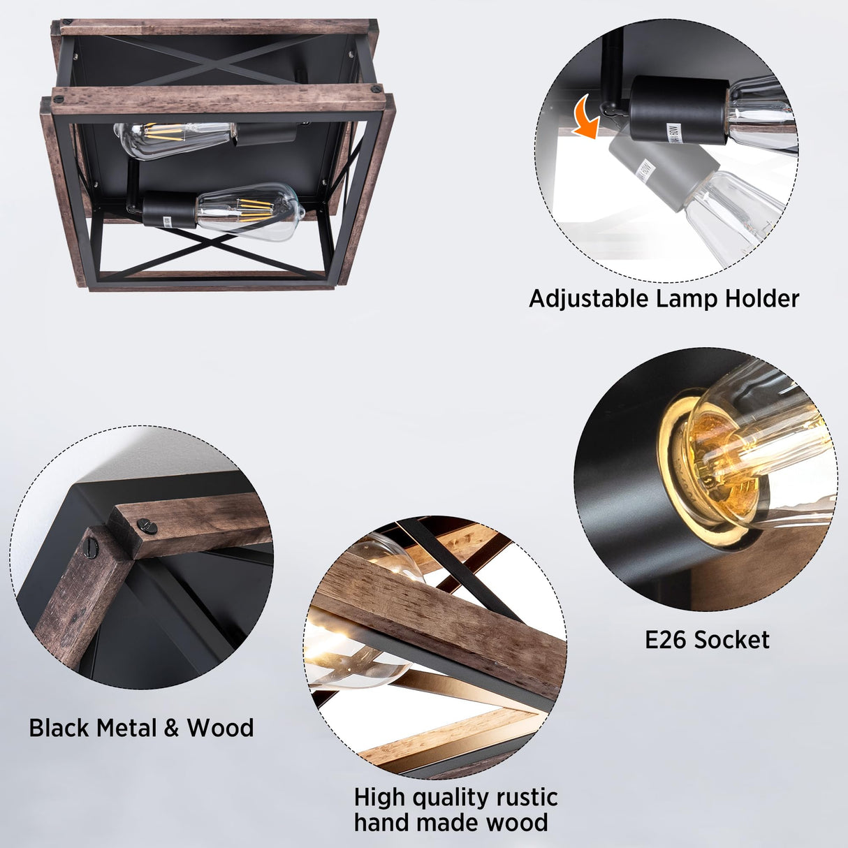 Mayful Flush Mount Light Fixture, 2-Light Rustic Ceiling Light Combine with Metal and Wood Frame, Farmhouse Ceiling Light for Kitchen Hallway Entryway Bedroom Porch Living Room Mayful