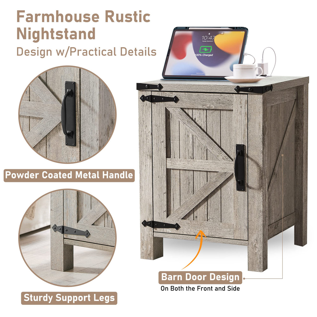 OKD Nightstand with Charging Station, 18 Inch Farmhouse End Table with Barn Door and Adjustable Storage Shelf, Rustic Wood Sofa Side Table w/Magnetic Door for Living Room, Bedroom, Light Rustic Oak OKD