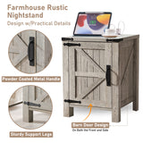 OKD Nightstand with Charging Station, 18 Inch Farmhouse End Table with Barn Door and Adjustable Storage Shelf, Rustic Wood Sofa Side Table w/Magnetic Door for Living Room, Bedroom, Light Rustic Oak OKD