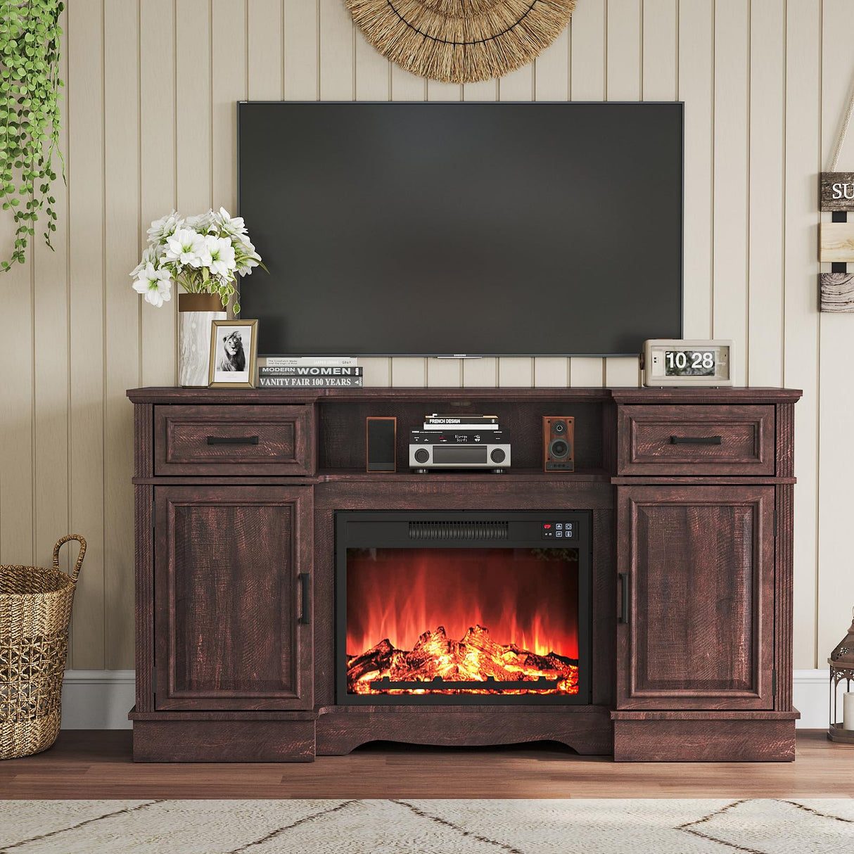 Maupvit Fireplace TV Stand for up to 65 inch TV, Entertainment Center with 23" Fireplace, Farmhouse TV Stands with Electric Fireplace, 2 Storage Cabinets, 2 Drawers for Living Room,Brown Maupvit