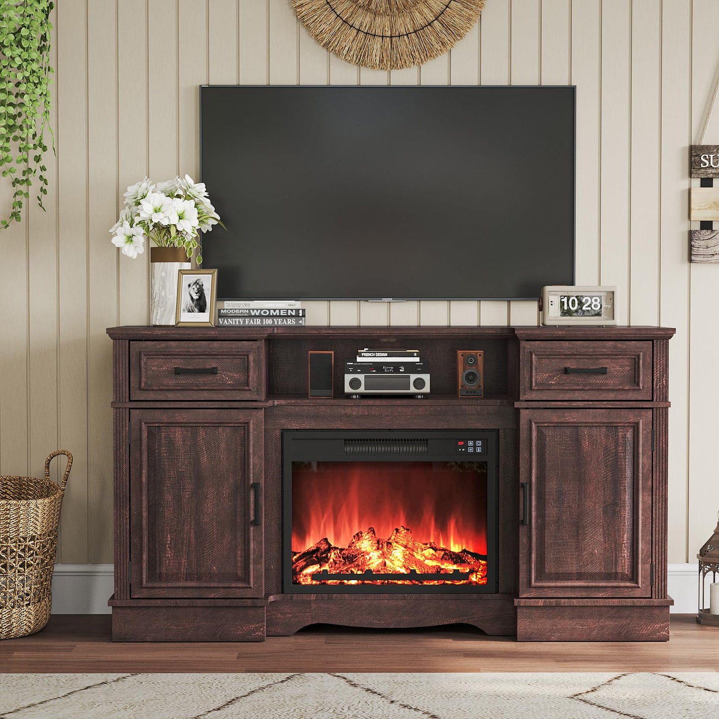 Maupvit Fireplace TV Stand for up to 65 inch TV, Entertainment Center with 23" Fireplace, Farmhouse TV Stands with Electric Fireplace, 2 Storage Cabinets, 2 Drawers for Living Room,Brown