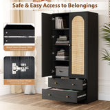 VINGLI Wardrobe Closet with Doors, Rattan Armoire Closet with Drawers & Hanging Rod, Armoire with Shelves, Wooden Wardrobe for Hanging Clothes, Black, 68.9" H VINGLI