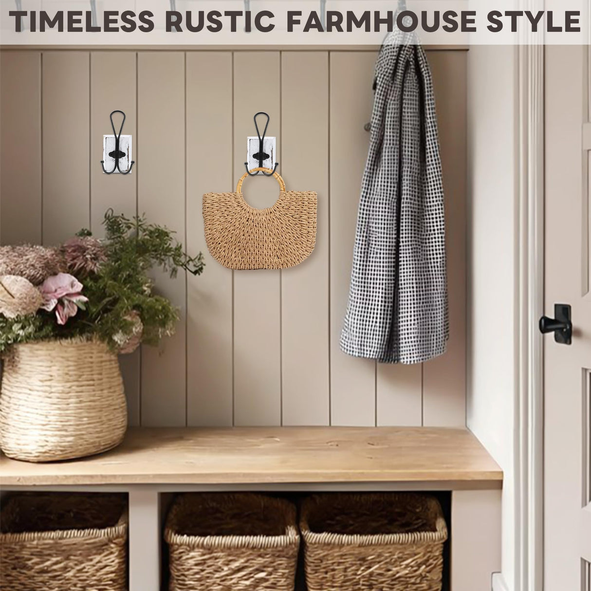 Rzoklot 2-Pack Rustic Wood Wall Hooks - Wall Mounted or Adhesive Coat Rack for Bathroom Towels Robes - Farmhouse Modern Decorative Entryway Hangers for Hats Keys Purses Bags, White Rzoklot