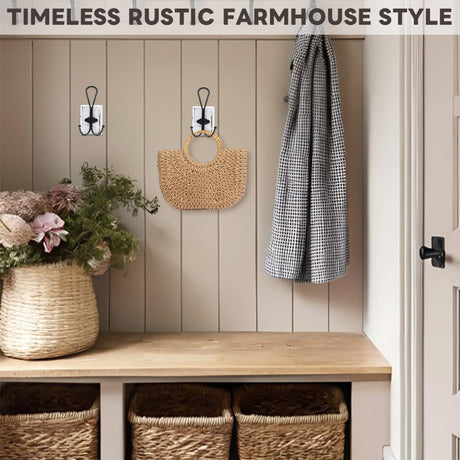 Rzoklot 2-Pack Rustic Wood Wall Hooks - Wall Mounted or Adhesive Coat Rack for Bathroom Towels Robes - Farmhouse Modern Decorative Entryway Hangers for Hats Keys Purses Bags, White Rzoklot