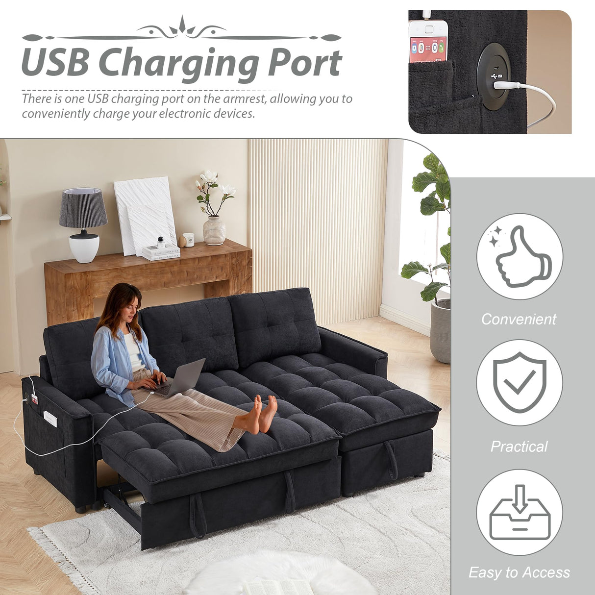 L-shape Pull out Sleeper Sofa Couch Bed,Modern Sofa Bed with Reversible Storage Chaise Lounge,Velvet Upholstered Tufted Sectional Corner Sofabed with USB Ports and Side Pockets for Living Room,Bedroom KINFFICT