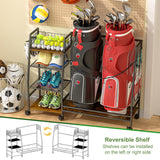 Golf Bag Storage Rack for Garage with Wheels, Organizer for 2 Golf Bag and Equipment Accessories, Golf Organizer Stand Ideal for Home, Garage, Club, Shed, Basement - Sturdy and Durable (Black) DAOUTIME