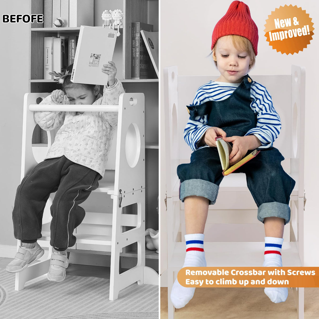 White Toddler Tower Step Stool for Kids Kitchen Stool Helper Toddler Standing Tower Foldable Toddler Table Kids Table and Chair Set 4 in 1 Montessori Helper Tower SHWWQUE