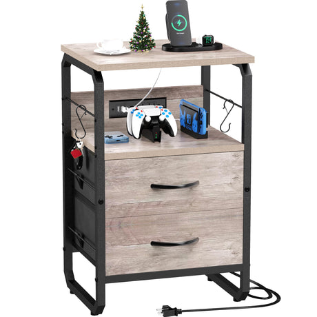 runjuly Nightstand with Drawers, Storage Night Stand with Charging Station Type C Port, Small Side Table with Hooks, Wood Metal End Table for Living Room, Bedroom, Dorm, Greige runjuly