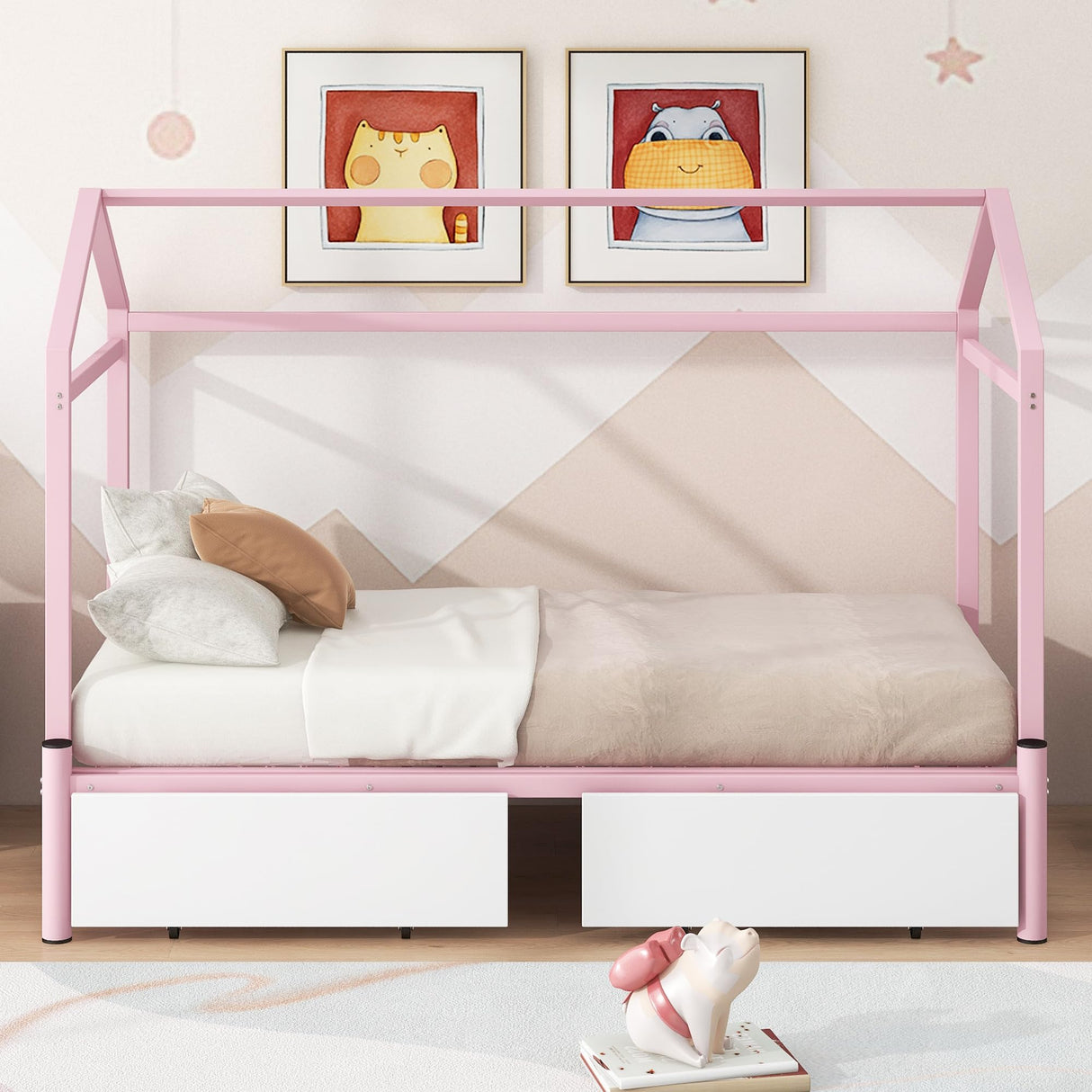 HZSMHDZKJ Twin XL to King Metal Twin Size House Platform Bed with 2 Storage Drawers,Modern Bed Frame with Roof for Kids Teen Girls Boys Bedroom Furniture,No Box Spring Needed (Pink-010, Twin XL) HZSMHDZKJ