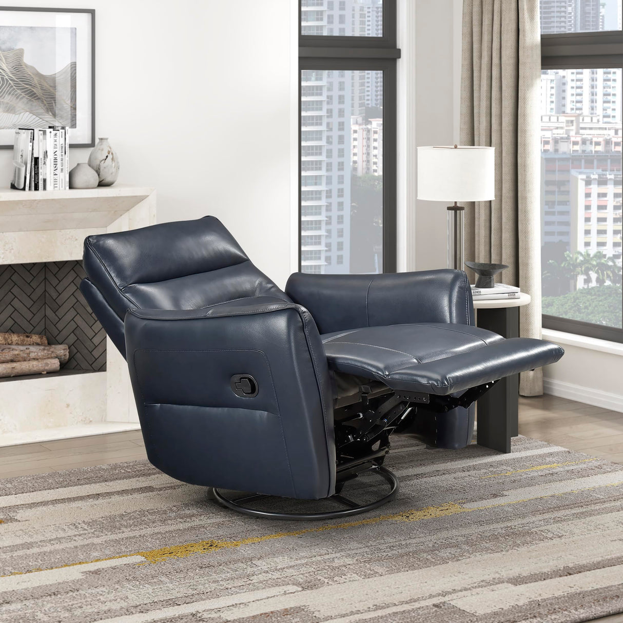 Lexicon Swivel Glider Reclining Chair, Top Grain Leather Match Manual Recliner, Comfy Nursery Glider Recliner, Swivel Reclining Chair for Living Room/Office/Bedroom/Apartment, Dark Blue Lexicon