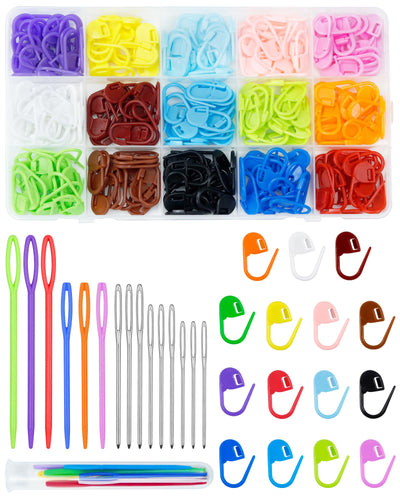 FIVEIZERO 220/900 Pieces Stitch Markers,with 15 Pcs Large Eye Blunt Sewing Needles,Colorful Crochet Stitchs Markers for Knitting Stitch Locking Clips Crochet Pins with Storage Box