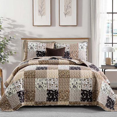 Menghomeus Brown Quilt Set King Boho Patchwork Bedspread Floral Coverlet Reversible Bed Quilt Set All Season Soft Microfiber Bedding Farmhouse Bed Sets, 104"x90"