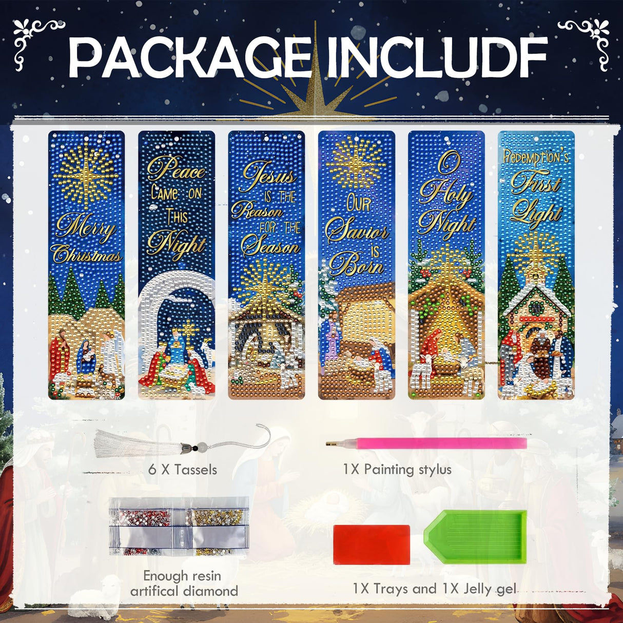 INCOK Christmas Diamond Art Bookmarks - 6 PCS The Nativity Diamond Painting Bookmarks Set DIY Christian Jesus Art Craft Religions Xmas Gift Book Lover Beginner INCOK