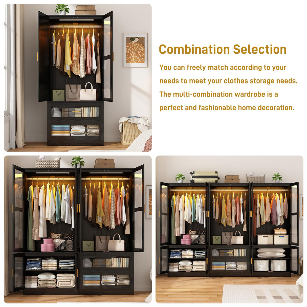 4 Doors Armoire Wardrobe Closet with LED and Mirror,71" H Freestanding Wooden Wardrobe Closet Cabinet for Bedroom w 2 Drawers,Wooden Clothing Storage Cabinet w Hanging Rod,Closets for Bedroom(Black) chartustriable