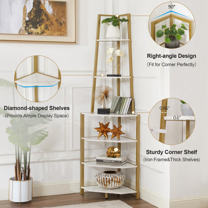 VECELO 6 Tier Corner Shelf 69 Inch Industrial Bookshelf with Metal Frame, Multipurpose Tall Plant Stand with Opening Display Shelves for Living Room, Bedroom, Home Office, Small Space, Gold