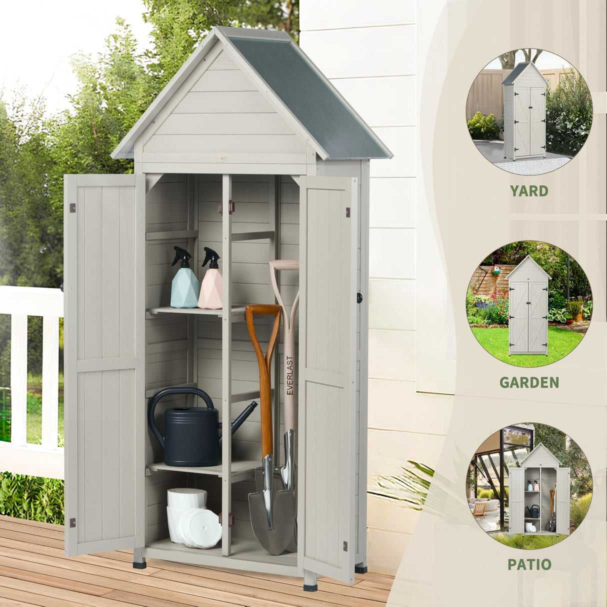 Outdoor Storage Shed with Floor & Adjustable Shelves, Wooden Garden Tool Cabinet Weatherproof, 71" Vertical Patio Organizer HABAU