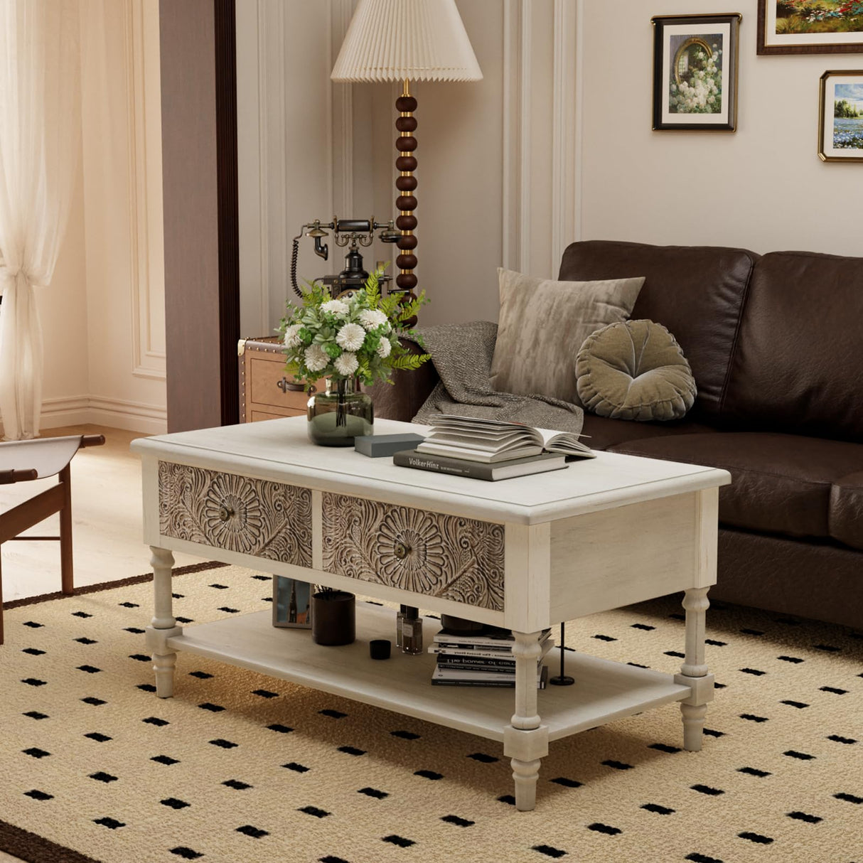 COSIEST Vintage Coffee Table w Drawers, Farmhouse 2 Tier Small Wood Coffee Table with Solid Wood Legs, Wood Rectangular Tables with Shelf for Living Room COSIEST