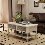 COSIEST Vintage Coffee Table w Drawers, Farmhouse 2 Tier Small Wood Coffee Table with Solid Wood Legs, Wood Rectangular Tables with Shelf for Living Room COSIEST