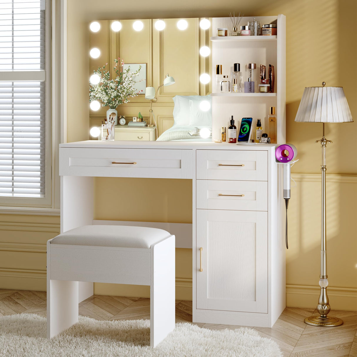 WXBOOM Vanity Desk with Mirror and Lights, 37" Makeup Vanity with Bulbs & Power Outlet, 3 Colors Lighting Adjustable Brightness, Dressing Table with Cushioned Chair and Cabinet, 3 Drawers, White WXBOOM
