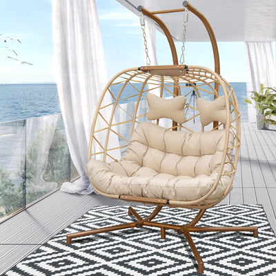 BLUEXYARD 2 Person Hanging Egg Chair with Stand, Extra Large 700 Lbs Wicker Patio Hammock Loveseat Swing, Oversized Cushioned Double Swing Chair for Indoor Outdoor Garden Balcony Backyard, Beige