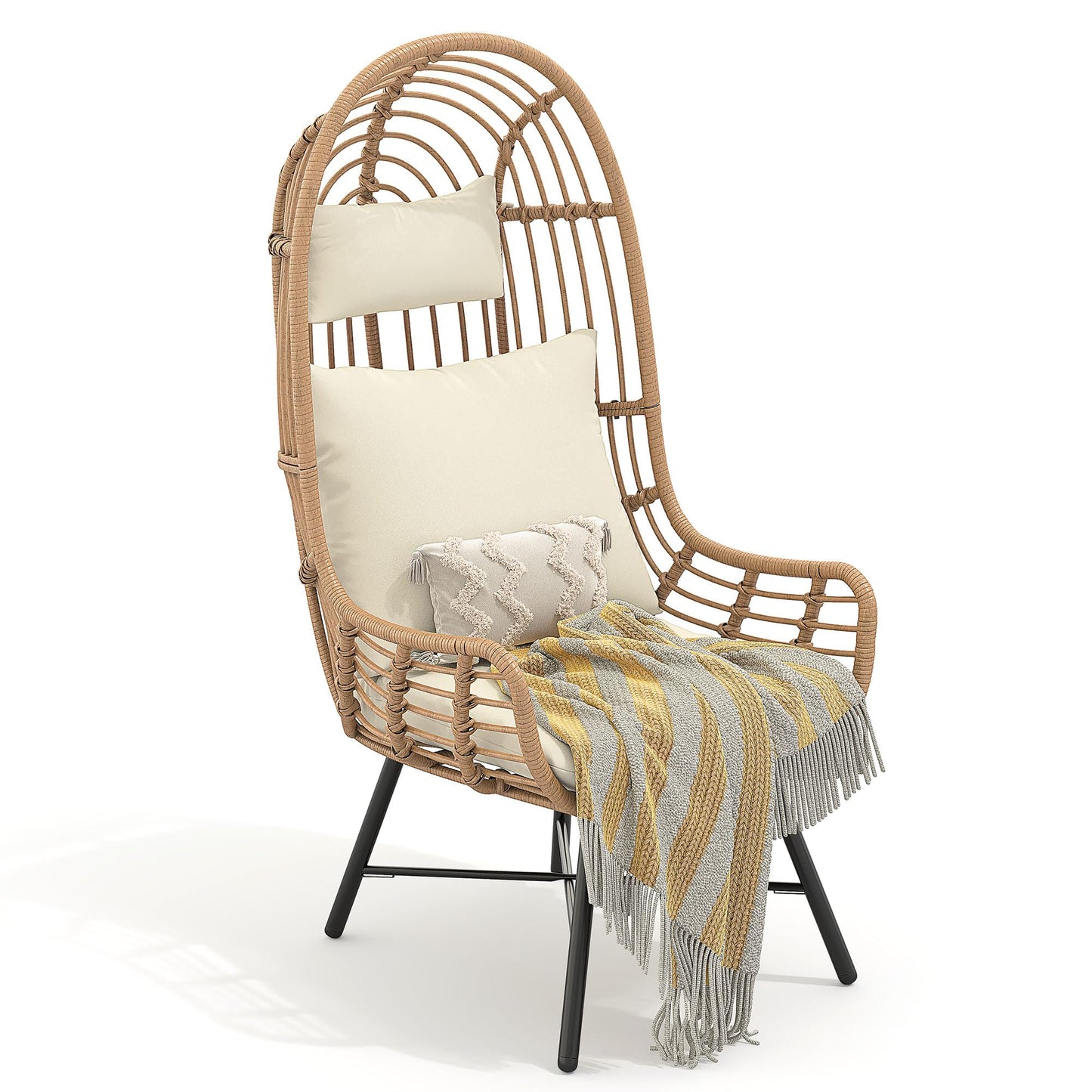 YITAHOME Outdoor Narrow Egg Chair, Patio Wicker Basket Chair with 370lbs Capacity Indoor Egg Chairs with Stand & Cushion Cocoon Chair for Bedroom, Patio, Balcony (Beige) - WoodArtSupply