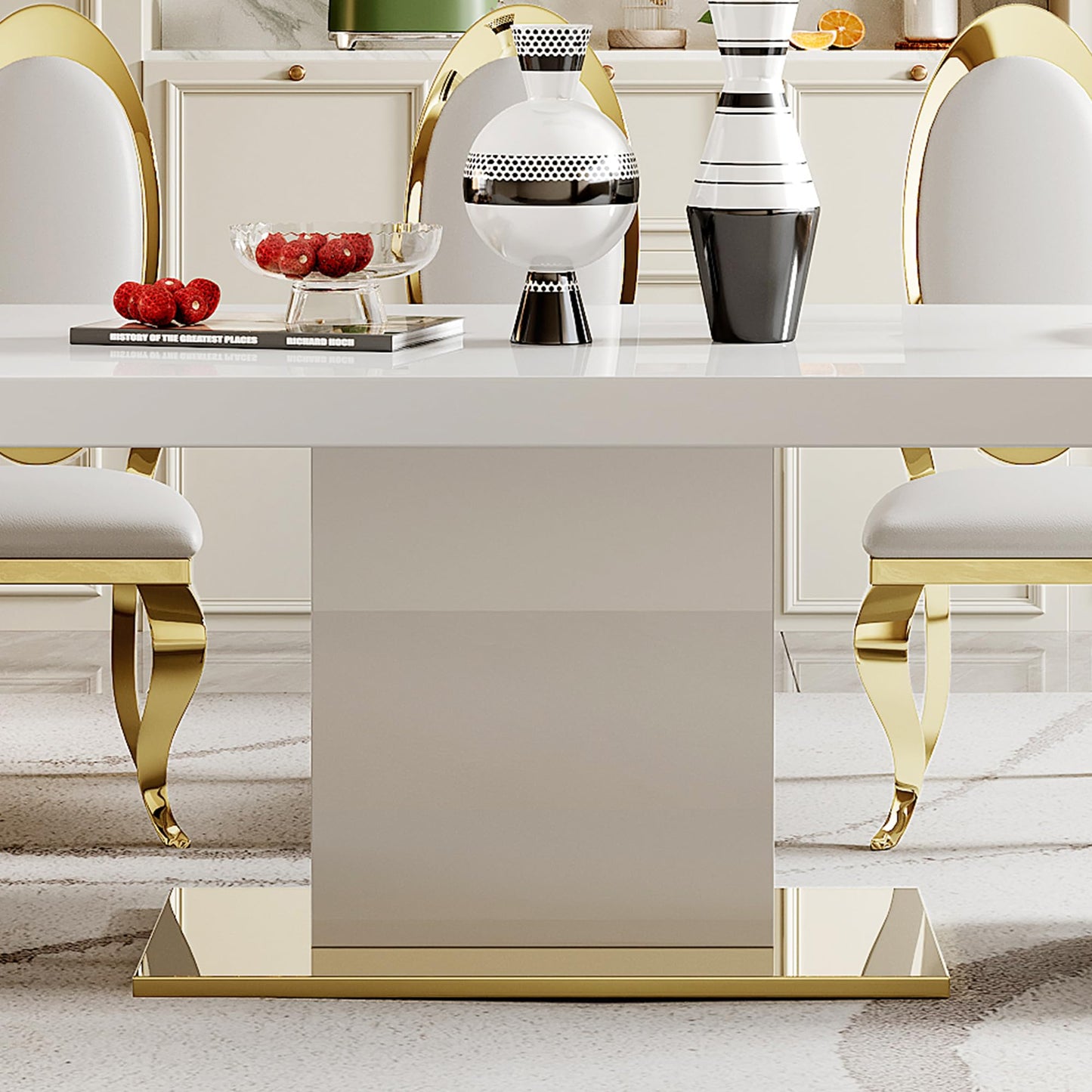 SSLine Modern White Wood Dining Table for 8-10 Rectangle Long Kitchen Table for 8 Luxury 79" Wood Top Dining Room Table with Pillar Gold Steel Pedestal Base Large Home Office Meeting Table - WoodArtSupply