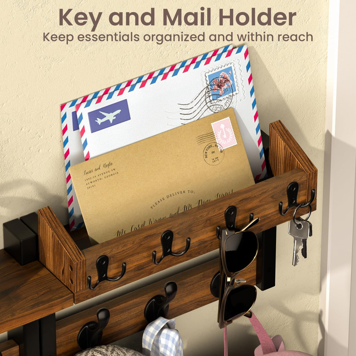 29'' Rustic Coat Rack Wall Mount with Shelf and Key Hooks, Solid Wood Key Holder Wall Mount, Farmhouse Wall Organizer for Mail, Entryway Wall Hangers for Hats, Clothes, Backpacks, Dog Leashes, Mudroom Facilite