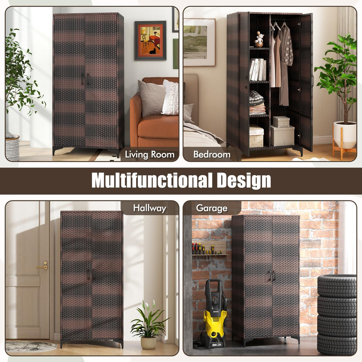 Giantex Wicker Storage Cabinet, 62” Tall Pantry Cabinet with 2 Doors, Hanging Rod, 4 Storage Cubes, Metal Legs, Anti-Tipping Device, PE Rattan Storage Cabinet for Home Office, Garage Cabinets (Brown) Giantex