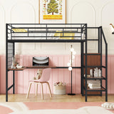 Full Size Loft Bed with Desk and Storage Wardrobe, Heavy Duty Loft Bed with Stairs and Metal Grid, Full Size Loft Bed for Kids, Girls, Boys, No Box Spring Needed (Black Wardrobe, Full) Bellemave