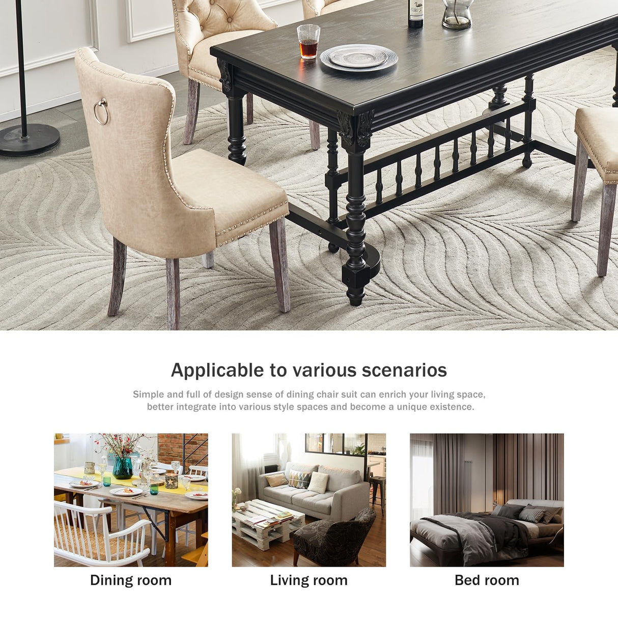 Kiztir Leather Dining Chairs Set of 6, Upholstered Dining Chair with Nailhead Trim and Solid Wood Legs, Luxury Wingback Dining Side Chair for Living Kiztir