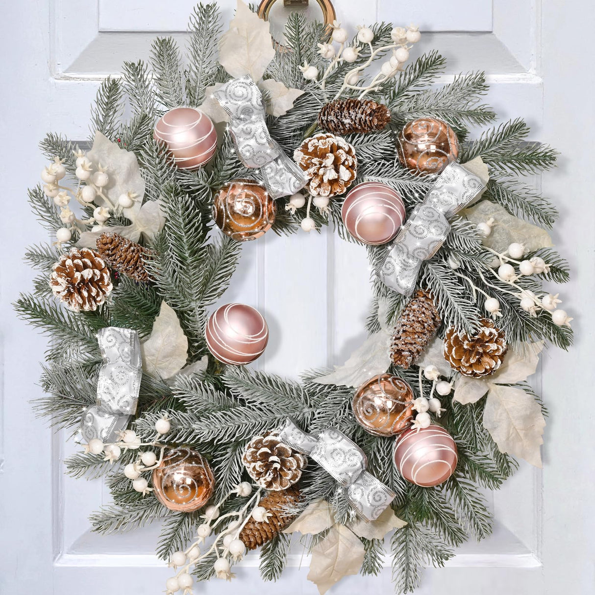 20" Christmas Wreath with Balls, Christmas Door Wreath with Bow Ribbon Berries & Pine Cones Xmas Wreaths for Front Door Wall Home Outdoor Decor Elyum