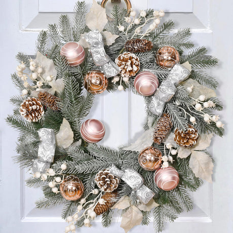 20" Christmas Wreath with Balls, Christmas Door Wreath with Bow Ribbon Berries & Pine Cones Xmas Wreaths for Front Door Wall Home Outdoor Decor Elyum