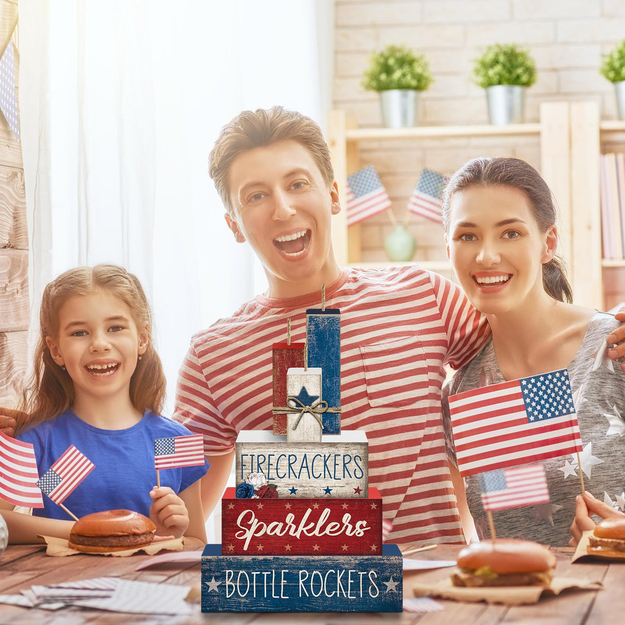 CroBlissful 4 Pcs Memorial Day Decorations Patriotic Tiered Tray Decorations 4th of July Table Sign Farmhouse Red White Blue Rustic Wood Block Stack Sign for Home Shelf Mantel(Firecrackers) CroBlissful