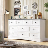 Hasuit Bedroom Dresser with 10 Drawers, 55.2" Long Dresser TV Stand with Charging Station, Farmhouse Dresser Chest of Drawers, Large Wood Storage Organizer Dresser for Bedroom Living Room, White/Black Hasuit
