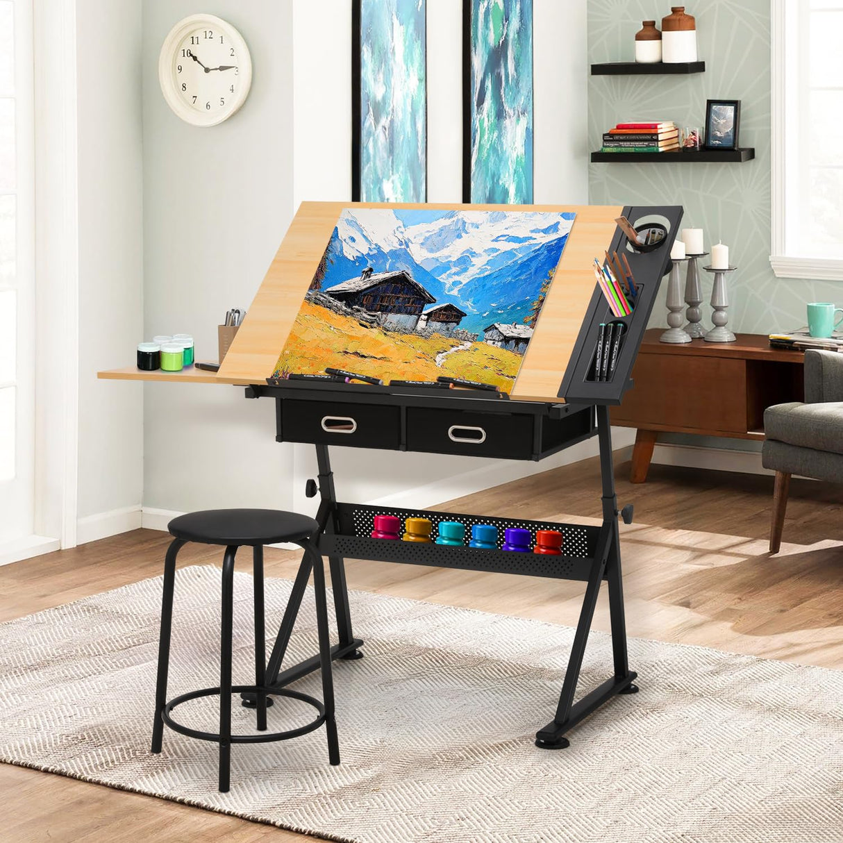 Athena Collection Drafting Table for Artists, Height Adjustable Drawing Table, Dual Desktop Art Desk Metal Frame Art Table Tiltable Craft Desk Paintings Work Station with Stool and Drawers, Natural Athena Collection