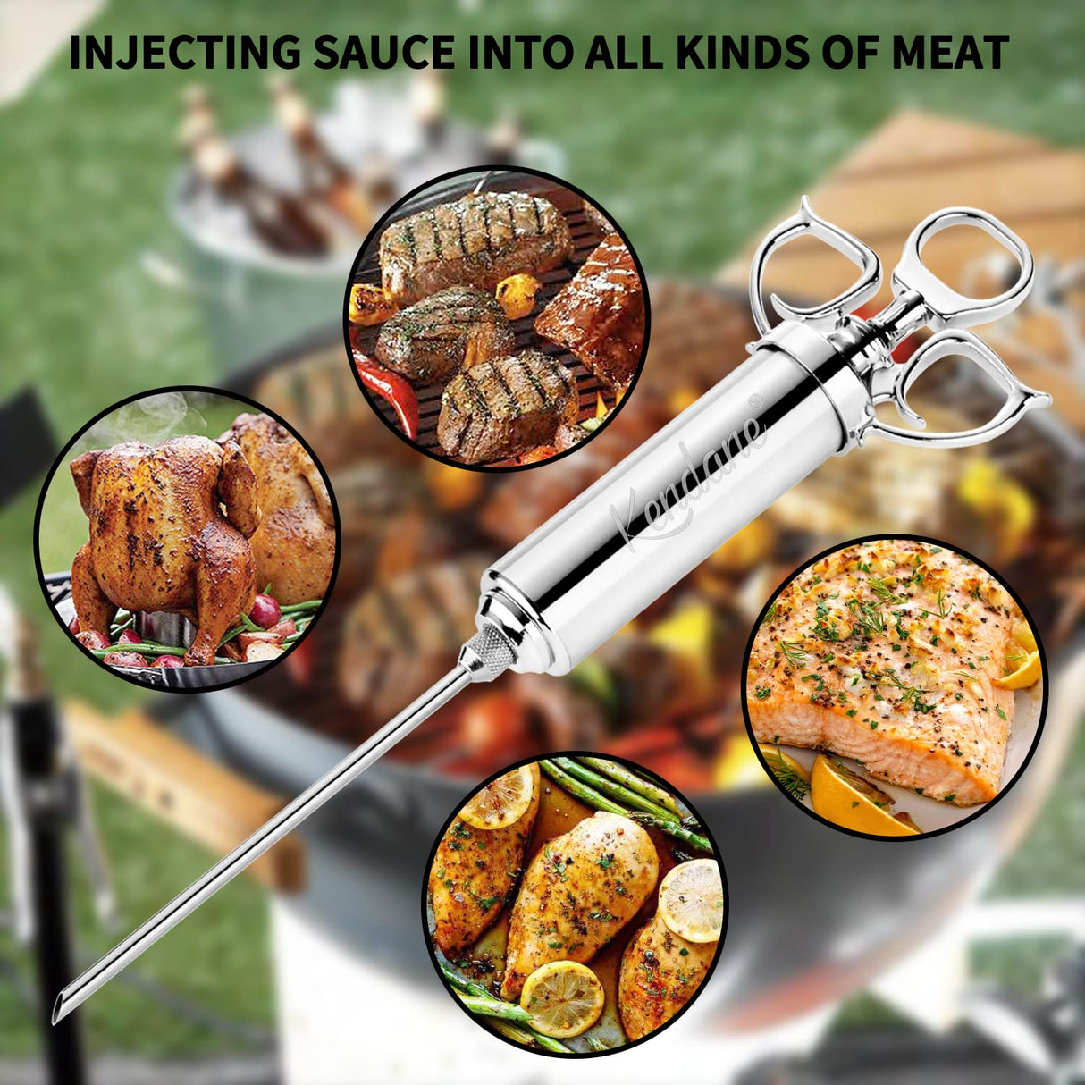 Meat Injector Syringe 2-oz Marinade Flavor Barrel 304 Stainless Steel with 3 Marinade Needles for BBQ Grill Smoker, Turkey, Fish, Brisket, Paper Silicone Brush and Instruction Included by Kendane Kendane