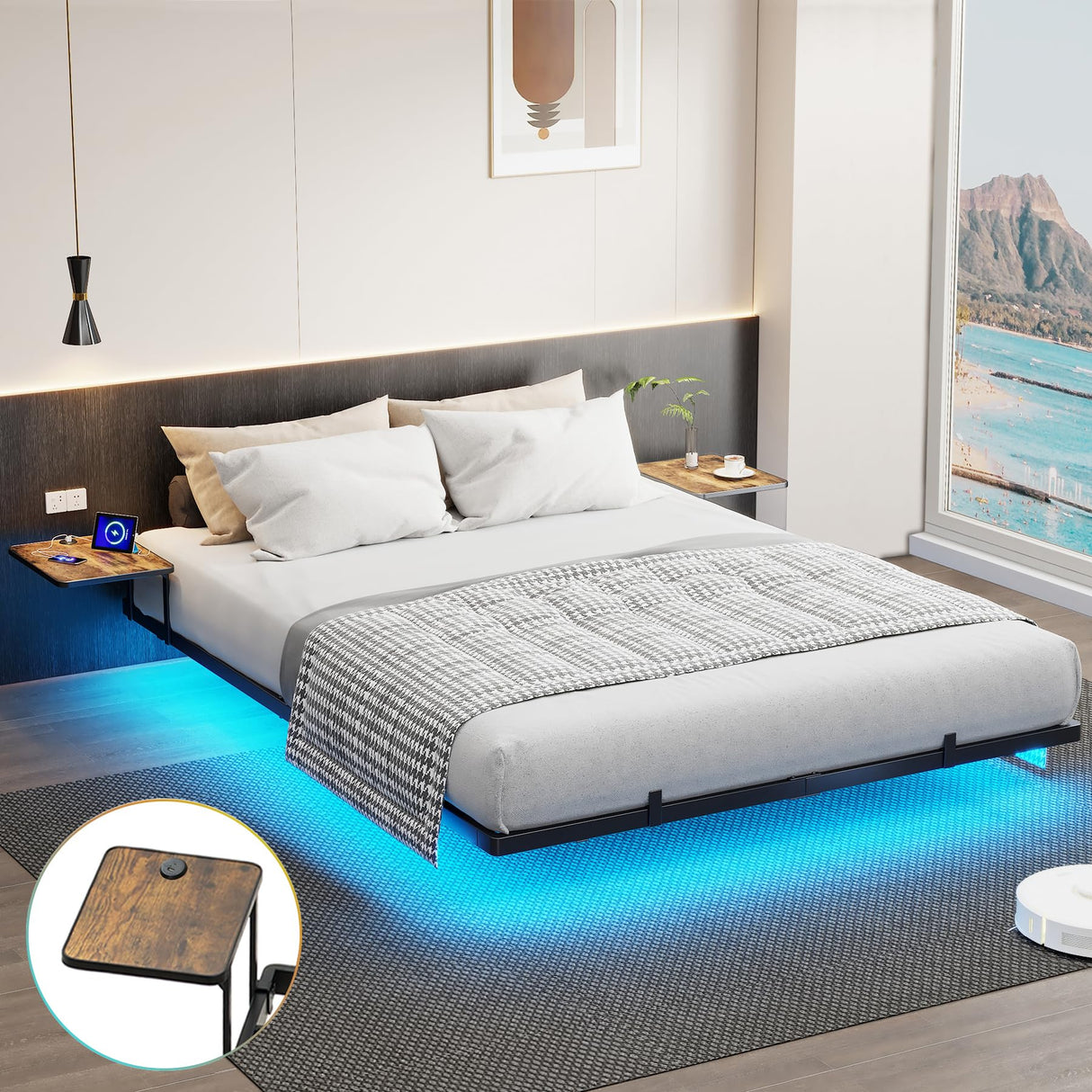 Bigu Floating Bed Frame with LED Lights Metal Platform with 2 Bedside Tables and Charging Station, Queen Bigu