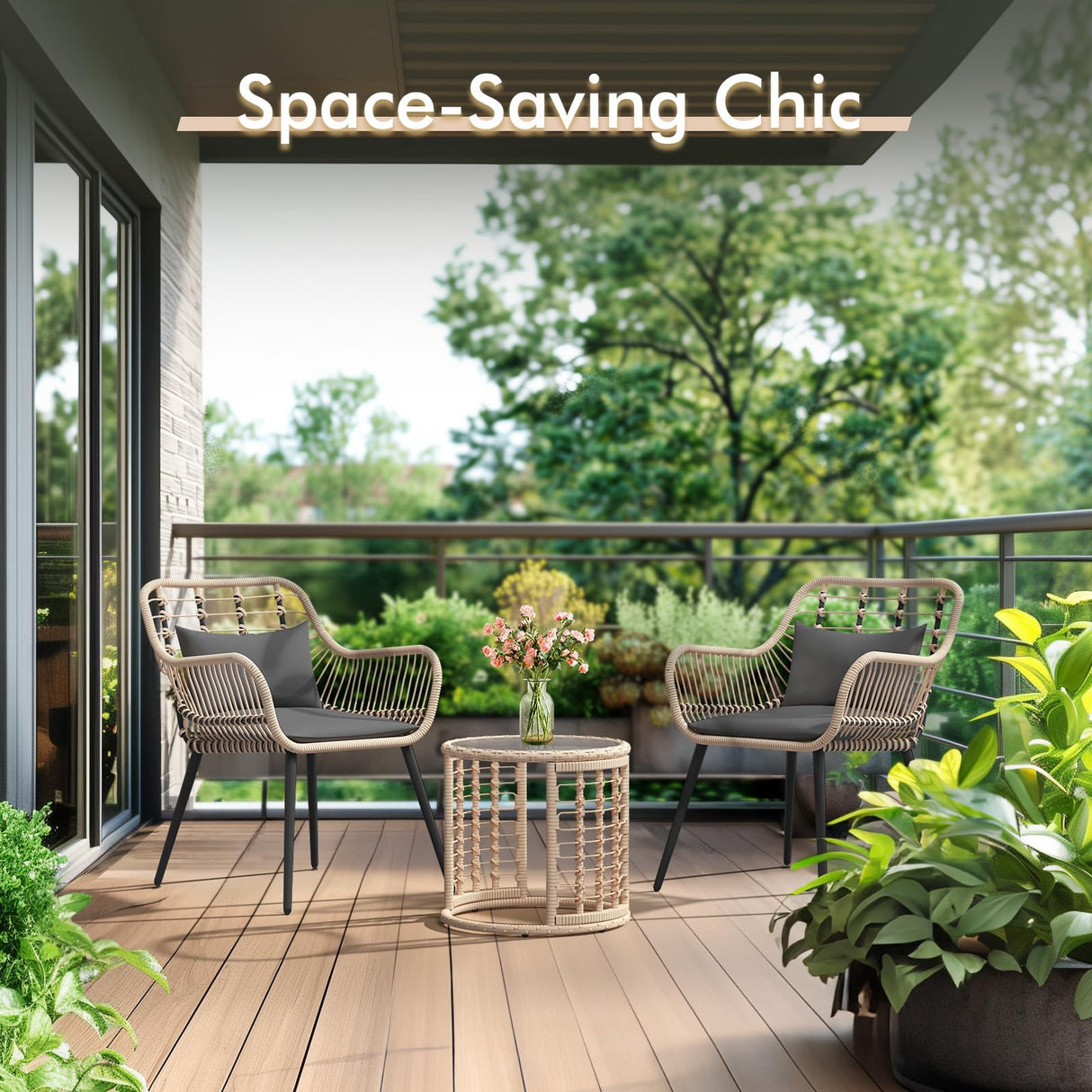 JOIVI 3 Piece Patio Bistro Set, Wicker Outdoor Patio Set with Enhanced Comfort Seating, Round Glass Top Coffee Side Table, Patio Rattan Conversation Set for Balcony, Lawn, Garden, Backyard, Black JOIVI