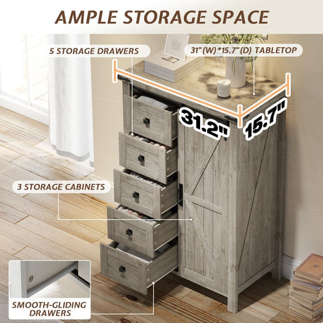 LUXOAK 48" Tall Farmhouse 5 Storage Drawers Dressers for Bedroom, Vintage Dresser Closet, Storage Cabinet with Sliding Barn Door, Organizer TV Stand for Living Room, Rustic Grey LUXOAK