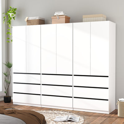 Mhsatyrs Armoire Wardrobe Closet with Drawers：75" Large White Wardrobe Closet Cabinet with 6 Doors for Hanging Clothes, Modern Wooden Bedroom Armoires with 9 Drawers and Storage (B+B+B, 94.5")