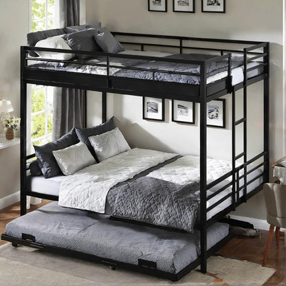 PVWIIK Queen Over Queen Metal Bunk Bed with Trundle for Kids,Heavy Duty Bunk Bed w/Ladder & Full Length Guardrail No Box Spring Needed,for Dorm,Bedroom,Guest Room, Black