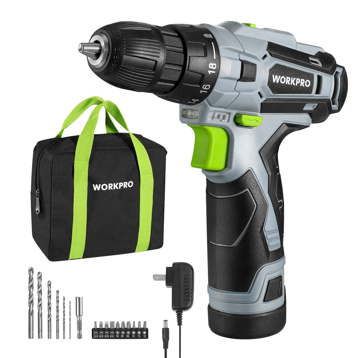 WORKPRO Cordless Drill Driver Kit, 12V Electric Screwdriver Driver Tool Kit, 3/8" Keyless Chuck, Charger and Storage Bag Included WORKPRO