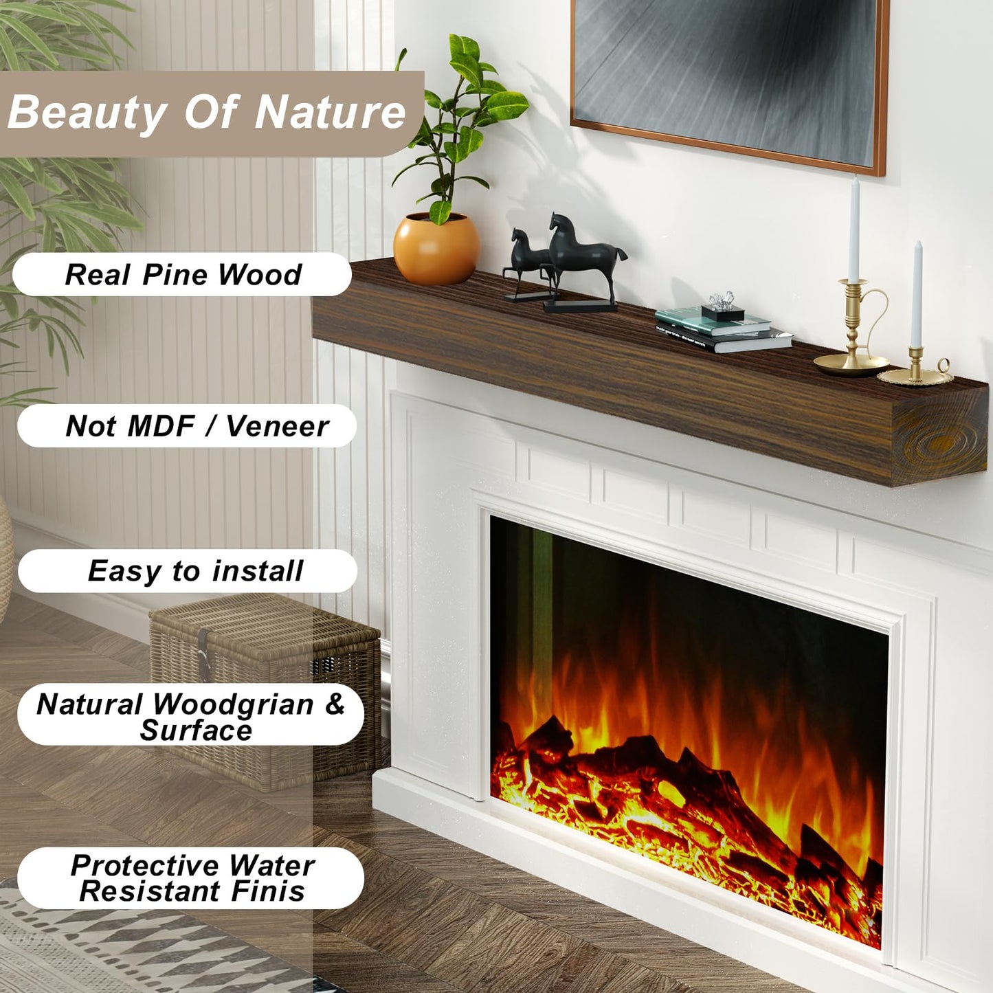 ROOMTEC Fireplace Mantel,84" Wood Floating Fireplace Shelves,Wall Mounted Wooden Display Shelving,Handcrafted Wood Brack,Natural Mantels Over Fireplace | 84" x 8" x 8"-Dark Chocolate